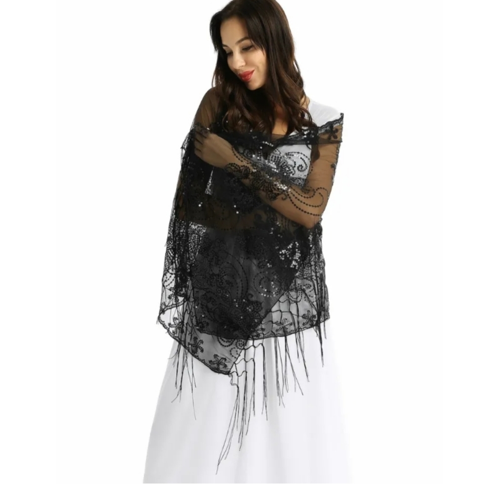 TiaoBug Women's 1920s Scarf Mesh Sequin Wedding Cape Fringed Evening Shawl Wrap - Picture 3 of 6